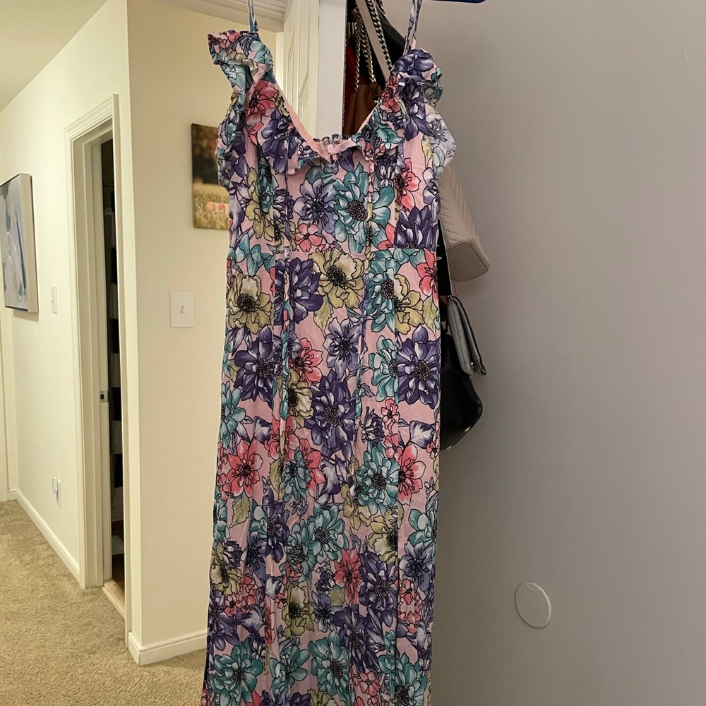 This is a pink floral maxi dress from Lulus.